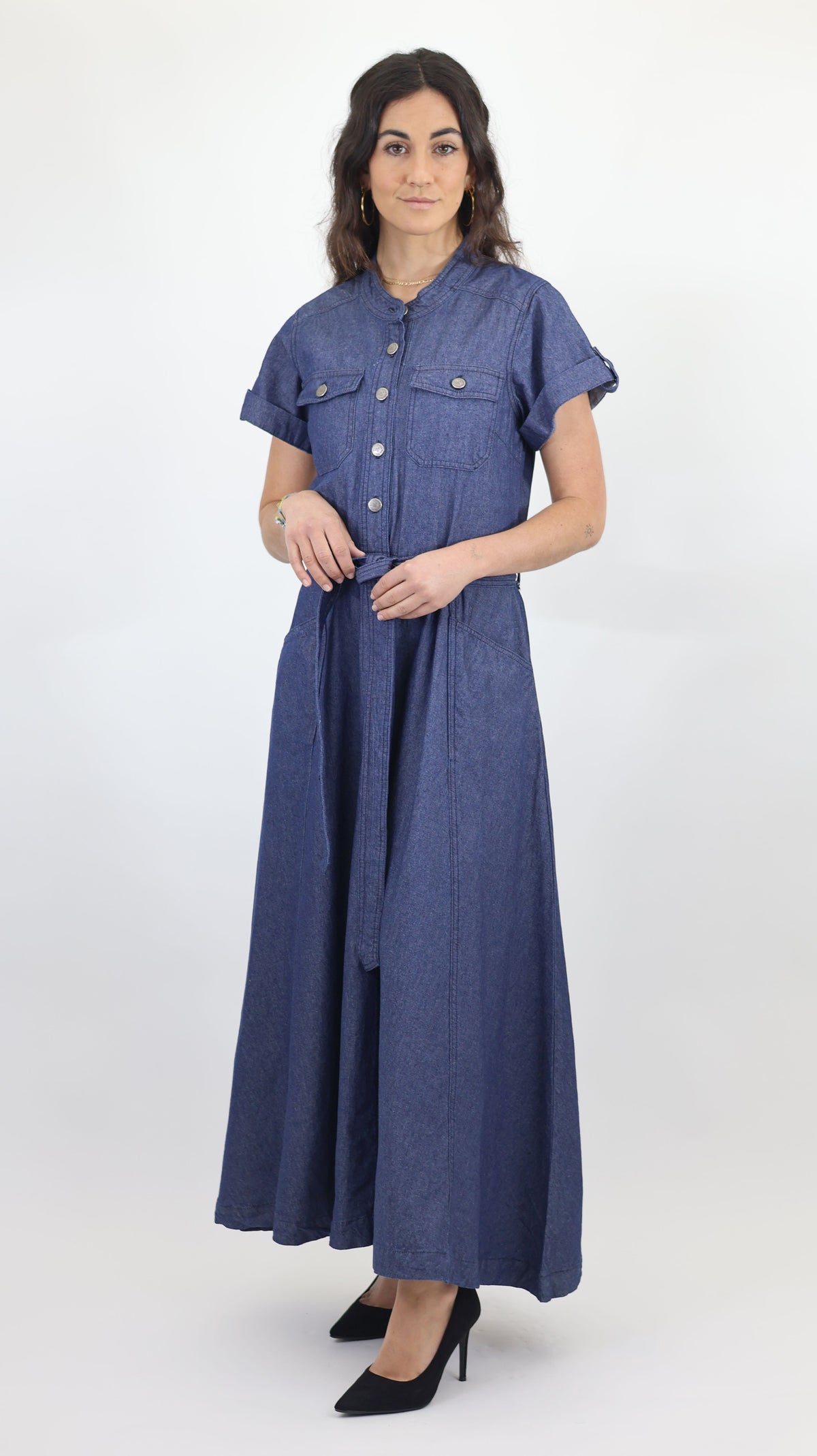 Women’s Denim Maxi Shirt Dress with Belt – Blue
