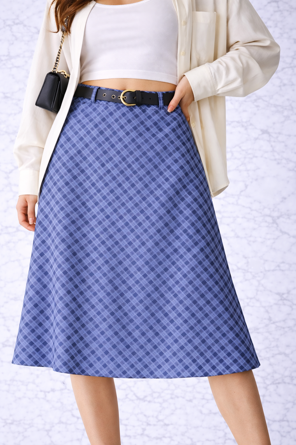 Elegant Check High-Waist Midi Skirt