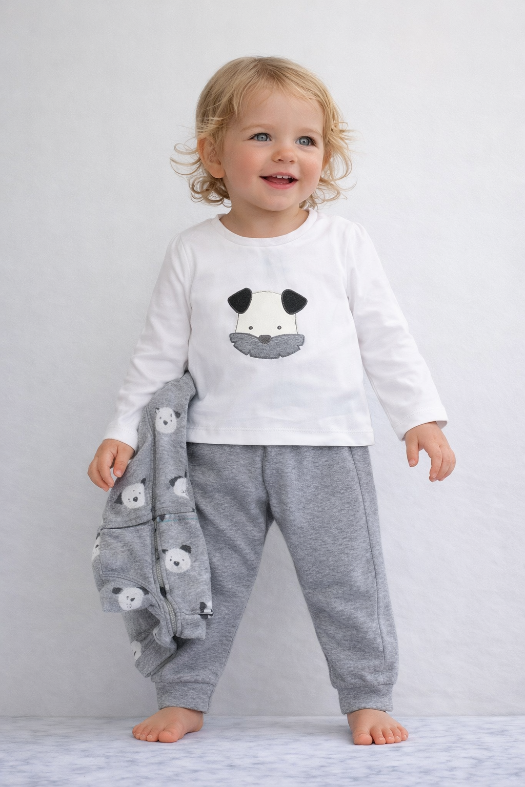 Indigo Kids Grey Cat Print Dungaree Set with Hat