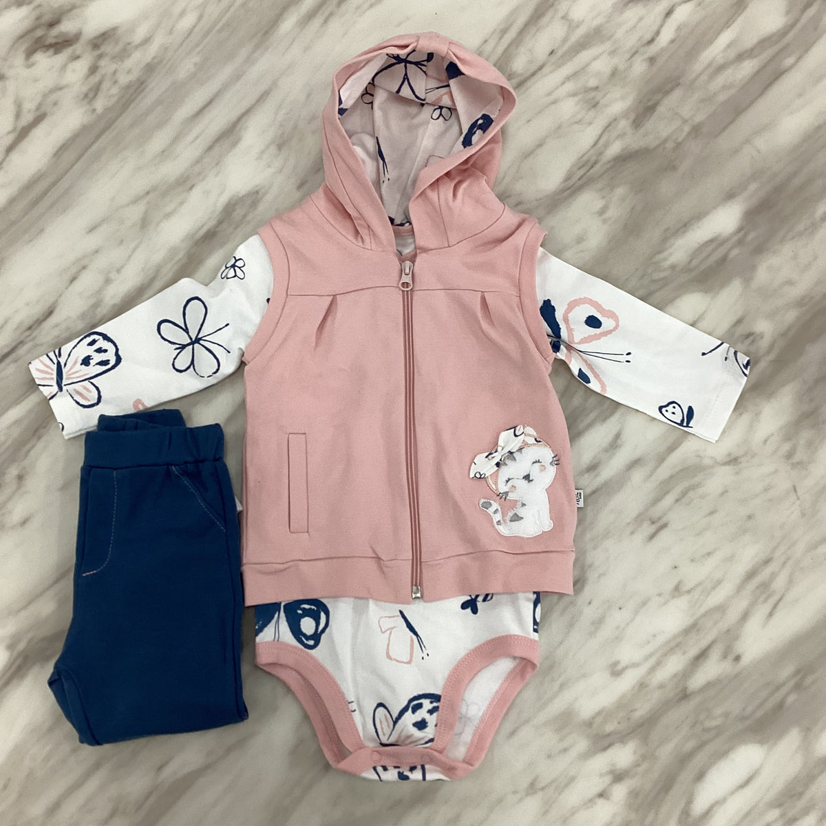 Indigo Baby Girl 3-Piece Outfit Set – Bodysuit, Hooded Vest & Pants