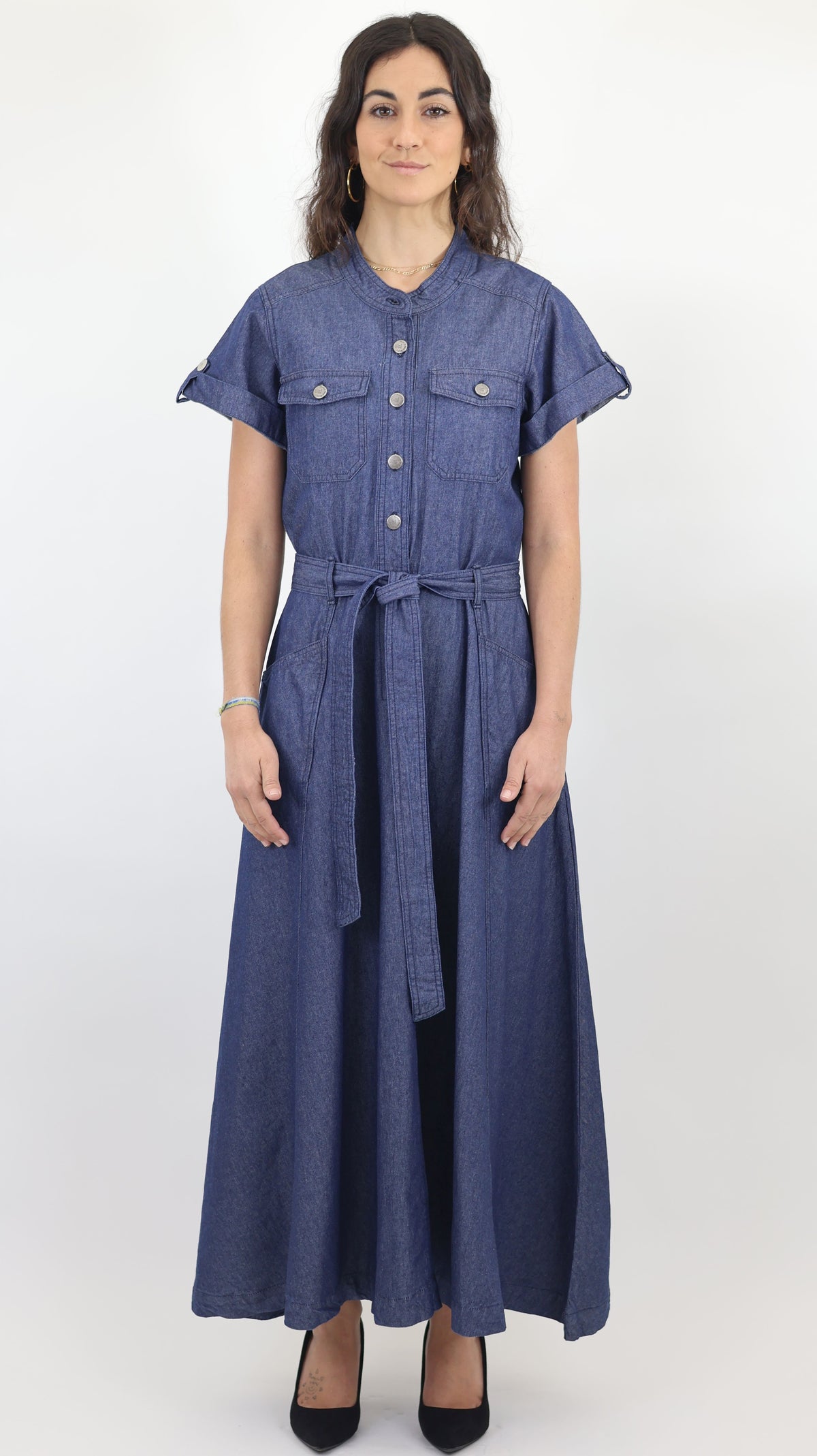 Women’s Denim Maxi Shirt Dress with Belt – Blue