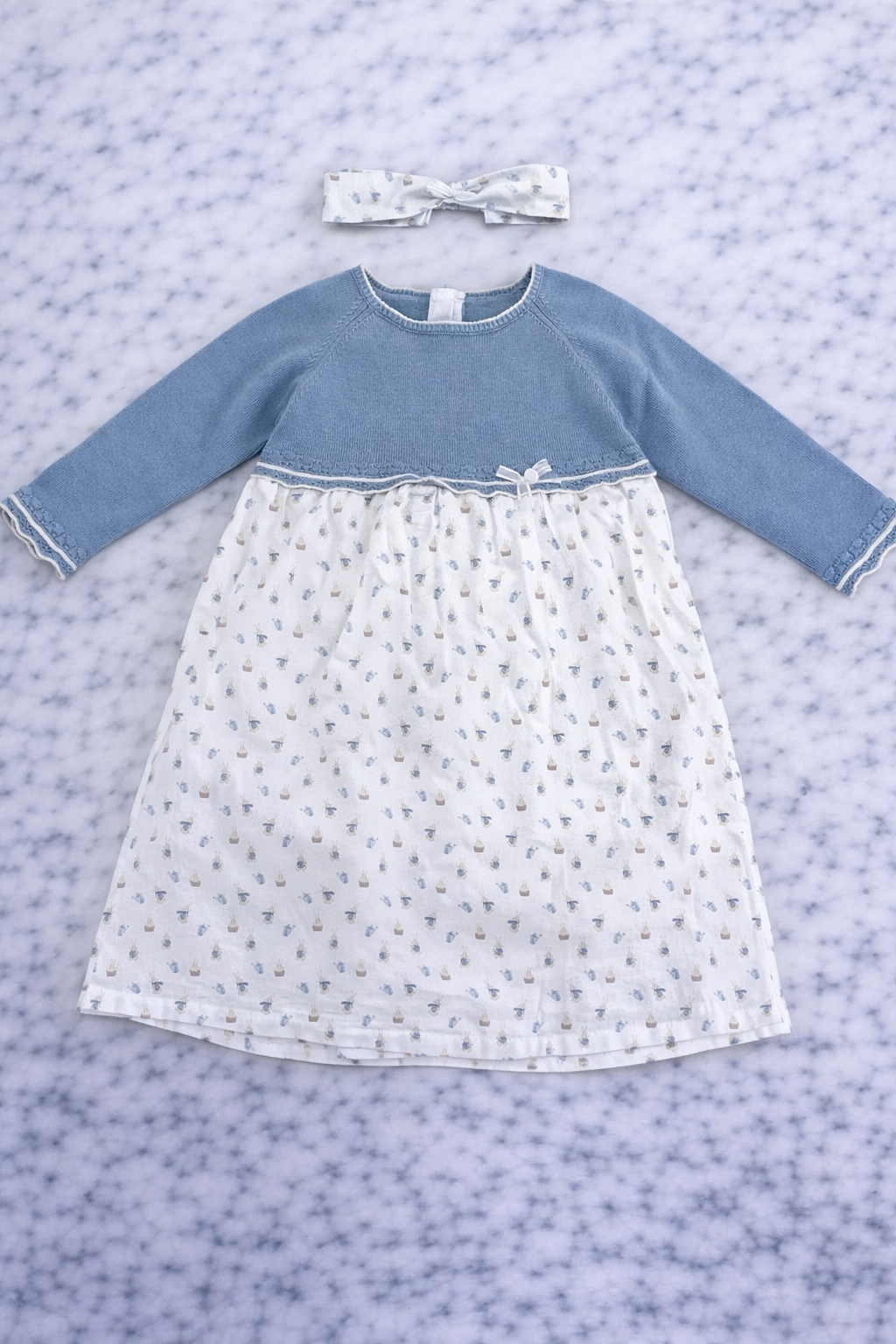 Indigo Girls Knitted Blue Dress with Printed Skirt & Headband