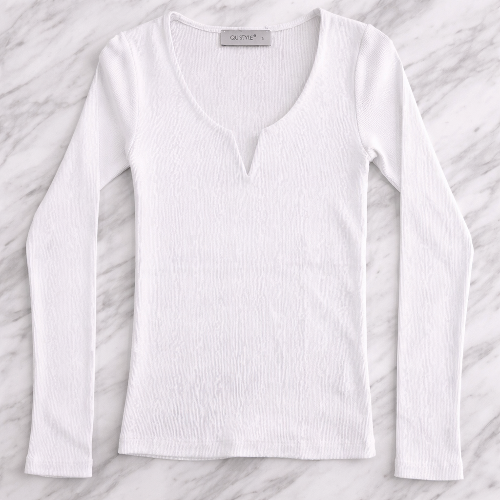 QU Style Women’s V-Neck Ribbed Knit Blouse – Long Sleeve