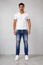 Men’s Fashion Denim Jeans – Button Fly, Washed Blue.(FFFF)