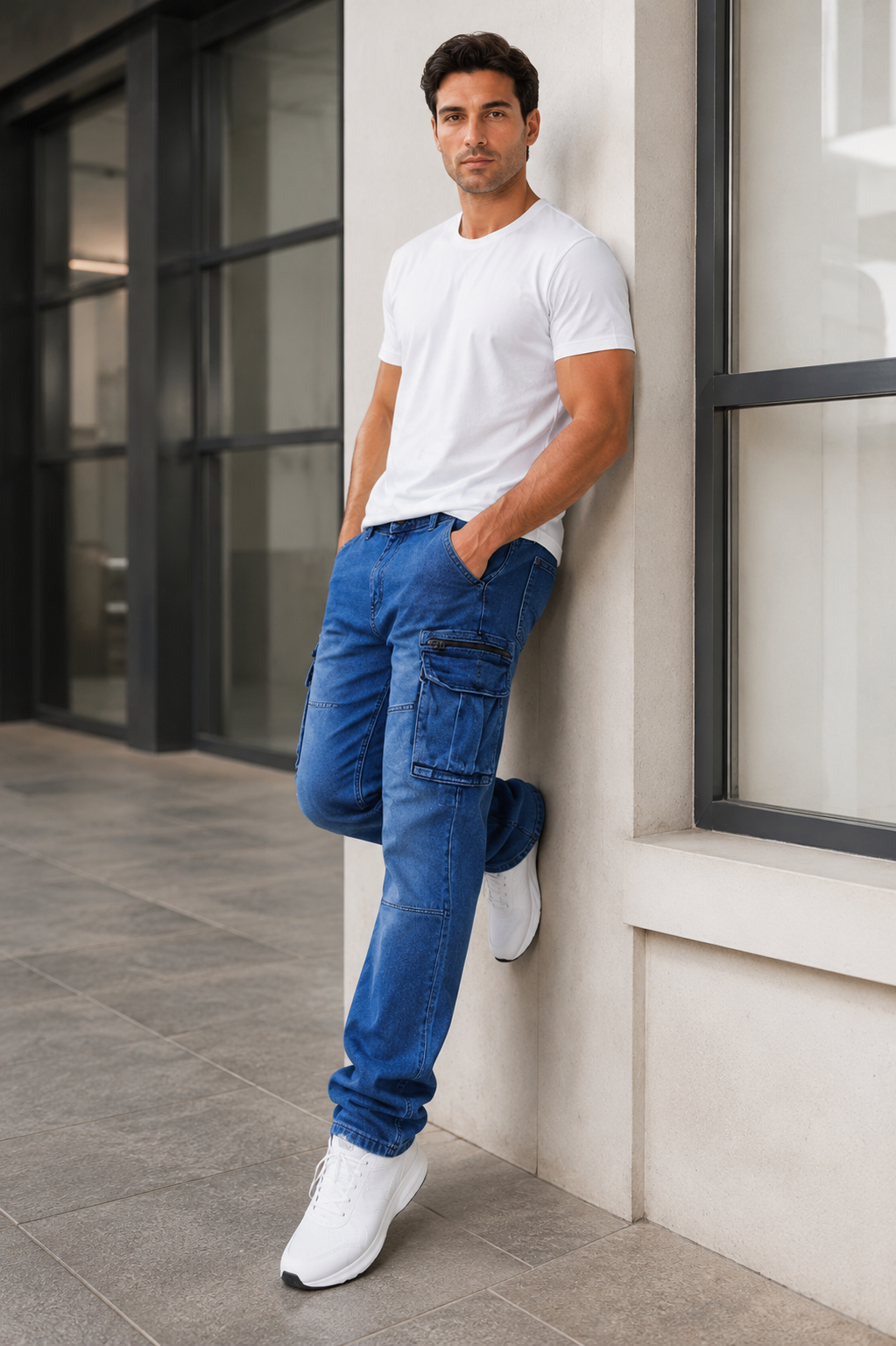Men’s Blue Cargo Denim Jeans.(FFFF)