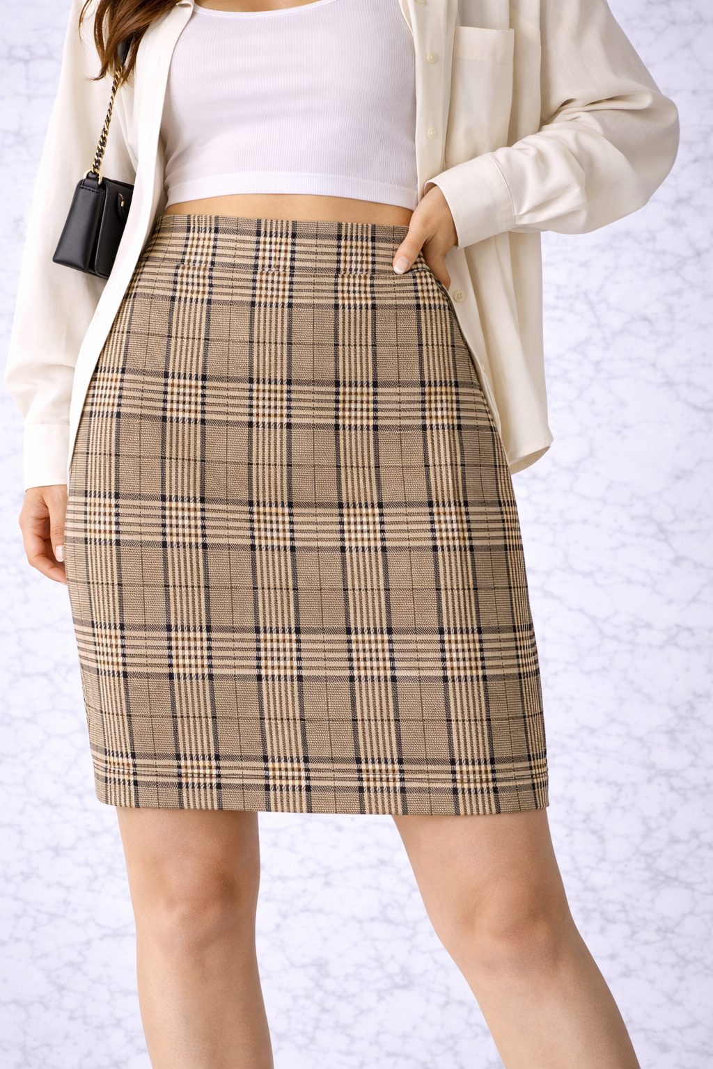 Elegant Beige Check Pencil Mini Skirt