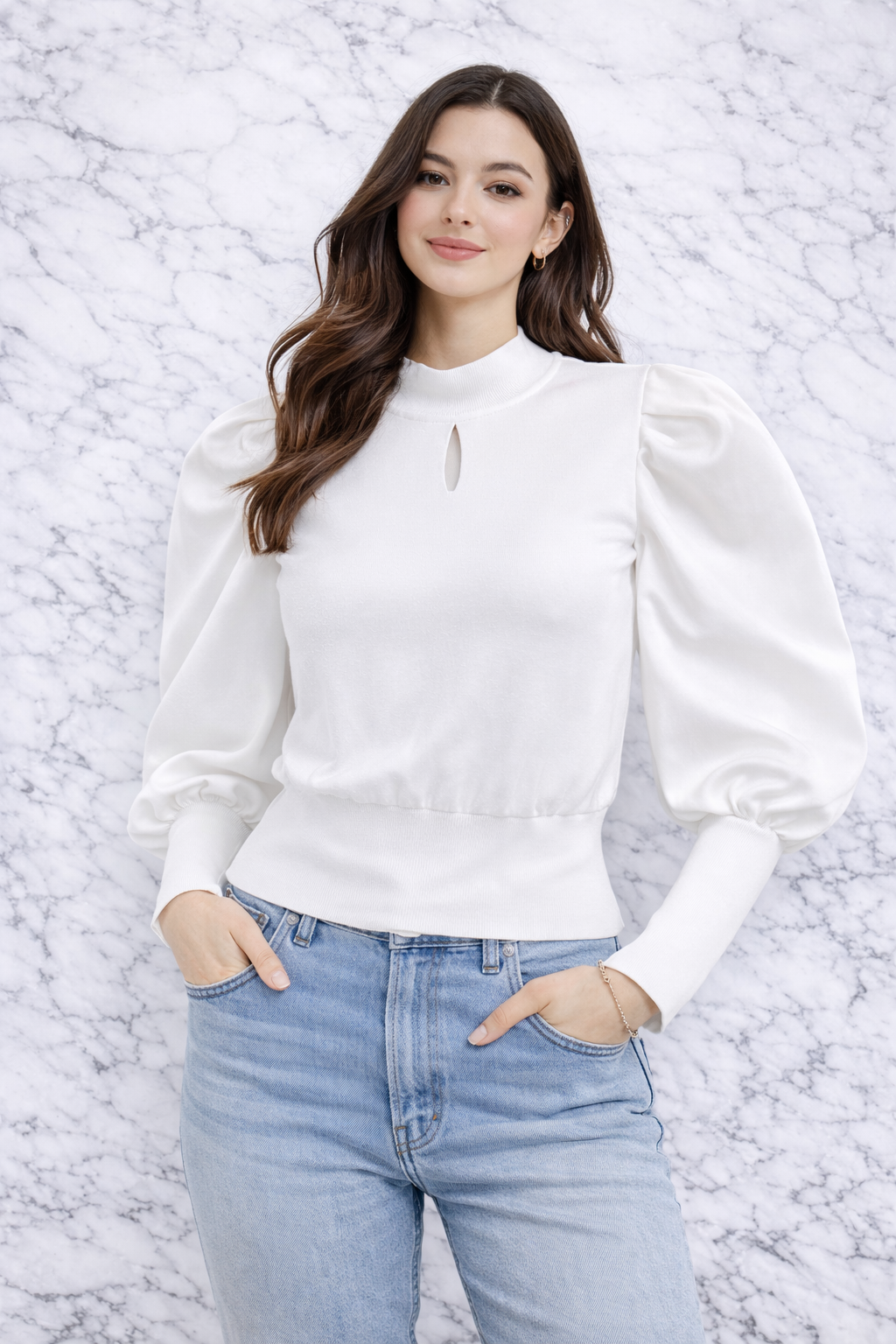 QU Style Women’s High Neck Puff Sleeve Long Sleeve Crop Top