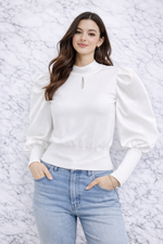 QU Style Women’s High Neck Puff Sleeve Long Sleeve Crop Top