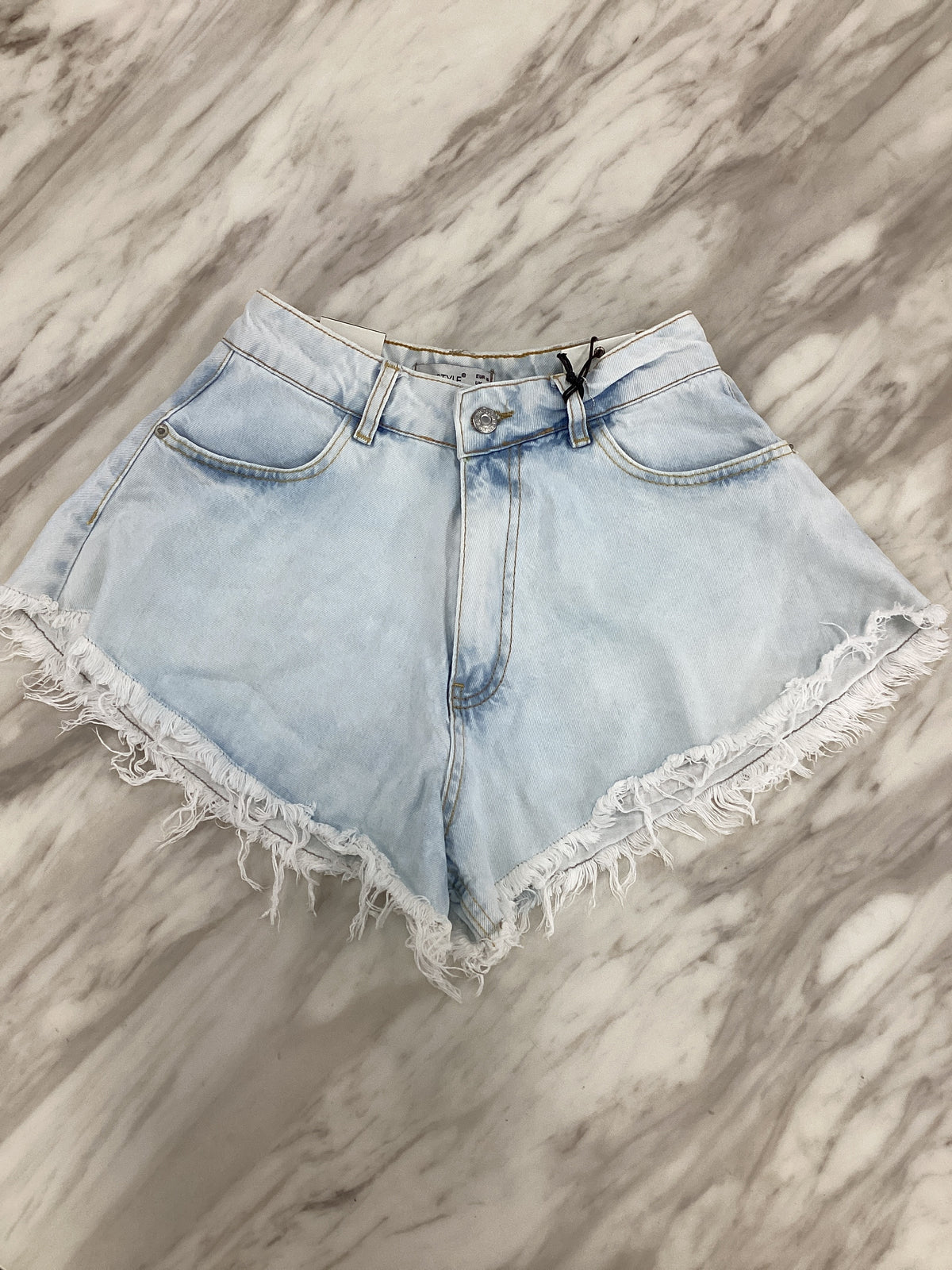 QU Style Women’s High Waist Light Blue Distressed Denim Shorts