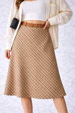 Elegant Check High-Waist Midi Skirt