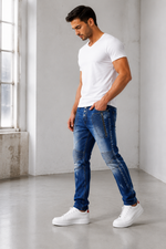 Men’s Fashion Denim Jeans – Button Fly, Washed Blue.(FFFF)