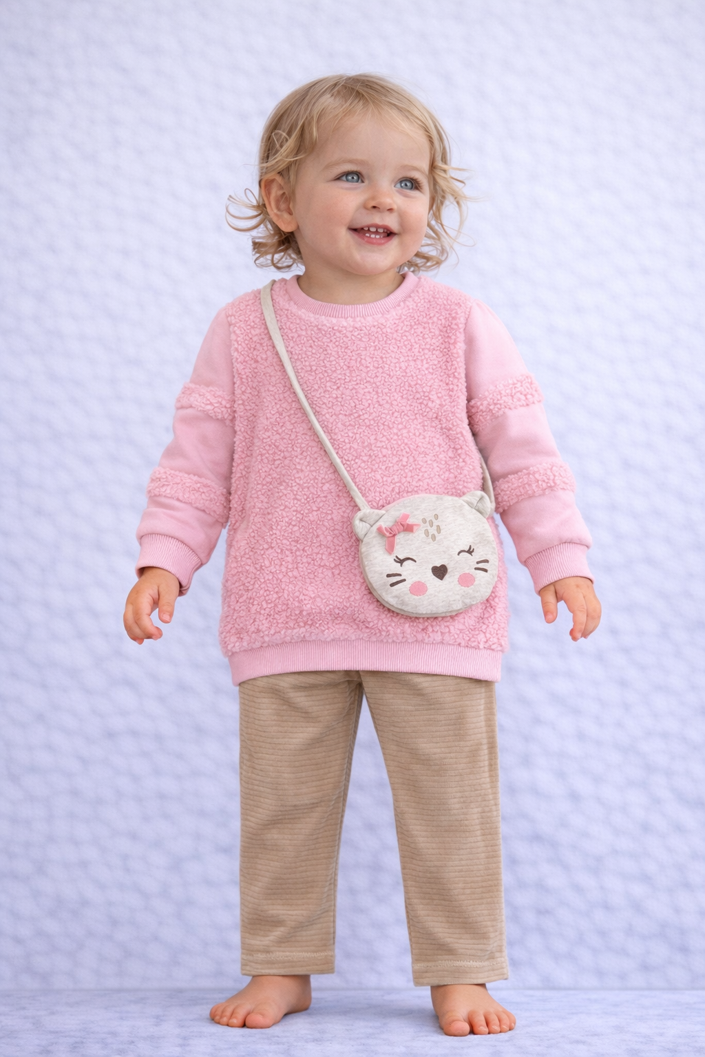 Baby Girls Cozy 2-Piece Outfit – Teddy Sweatshirt & Ribbed Pants with Cute Bag