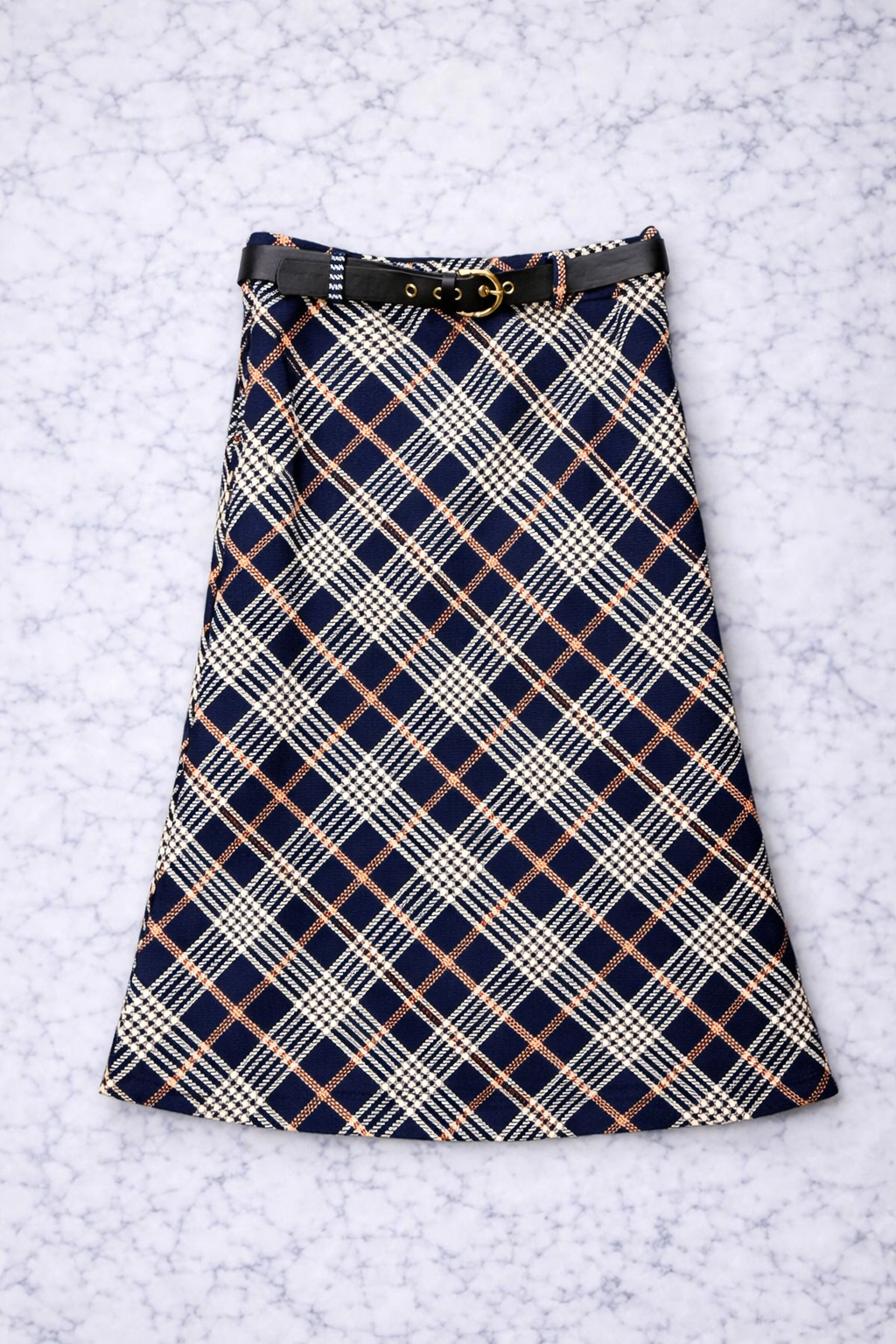 Navy Plaid A-Line Midi Skirt with Belt – Classic Check