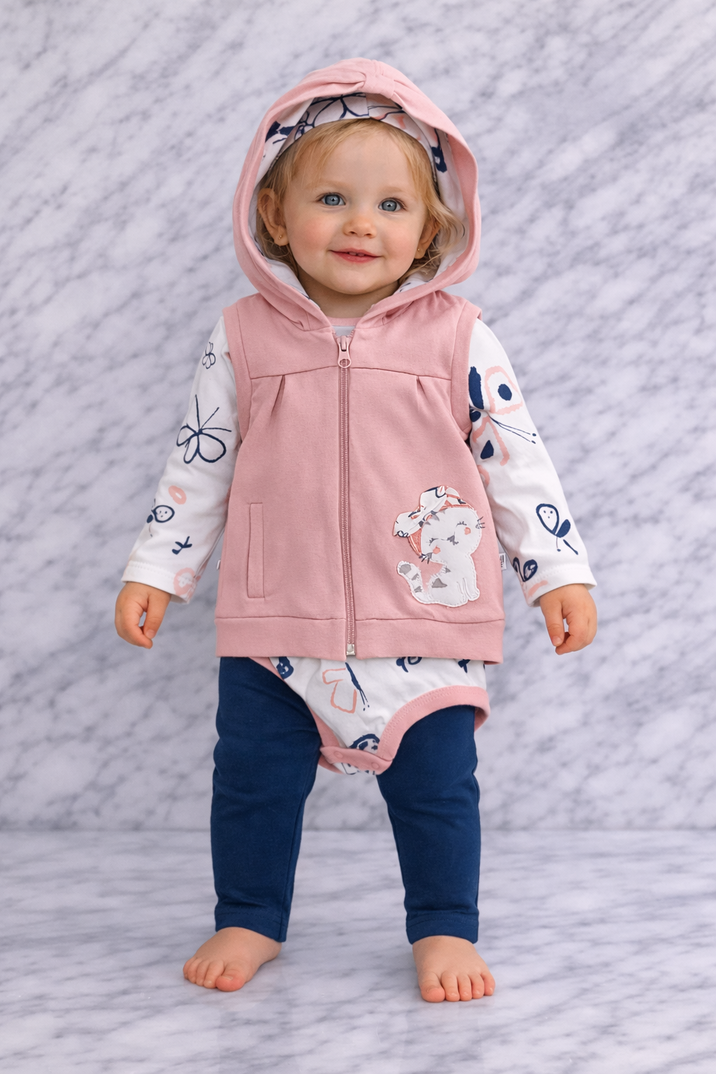 Indigo Baby Girl 3-Piece Outfit Set – Bodysuit, Hooded Vest & Pants