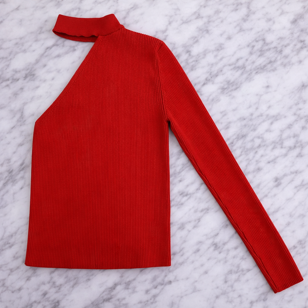 QU Style Women’s One-Shoulder Ribbed Knit Blouse