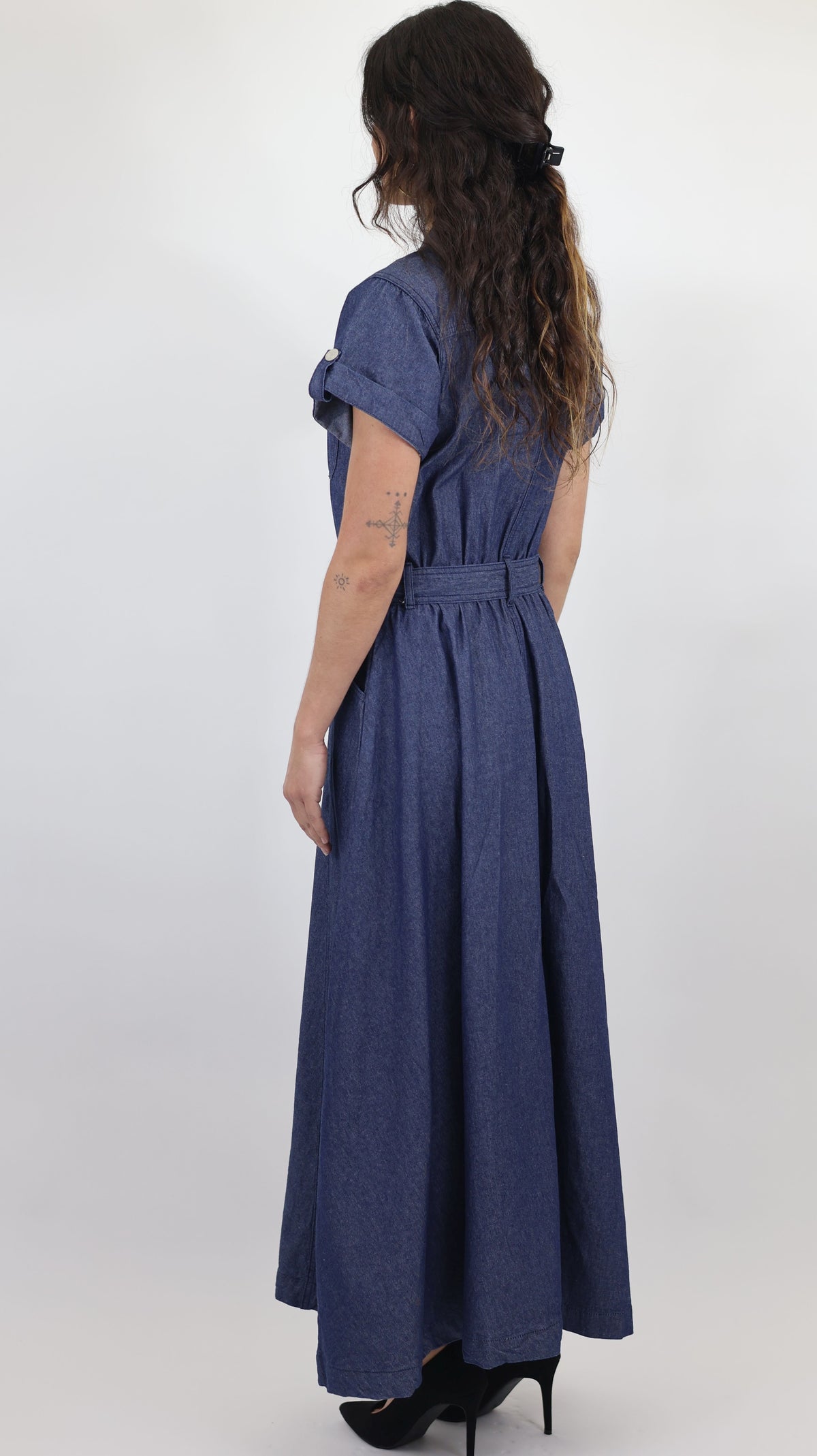 Women’s Denim Maxi Shirt Dress with Belt – Blue