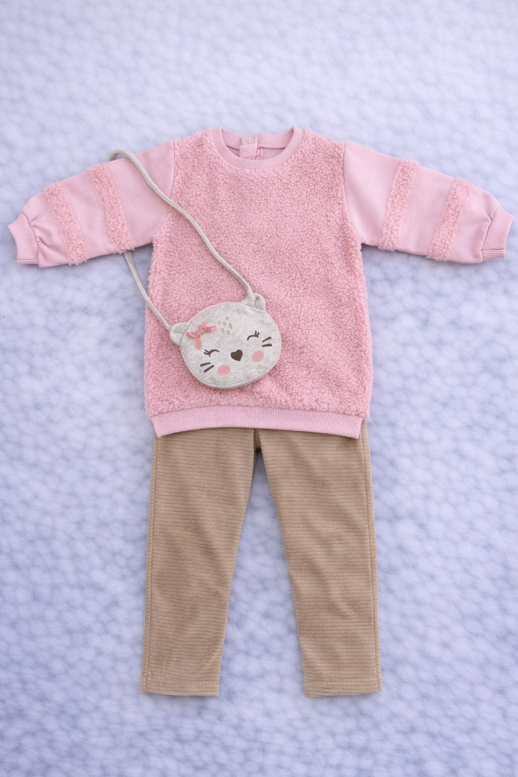 Baby Girls Cozy 2-Piece Outfit – Teddy Sweatshirt & Ribbed Pants with Cute Bag