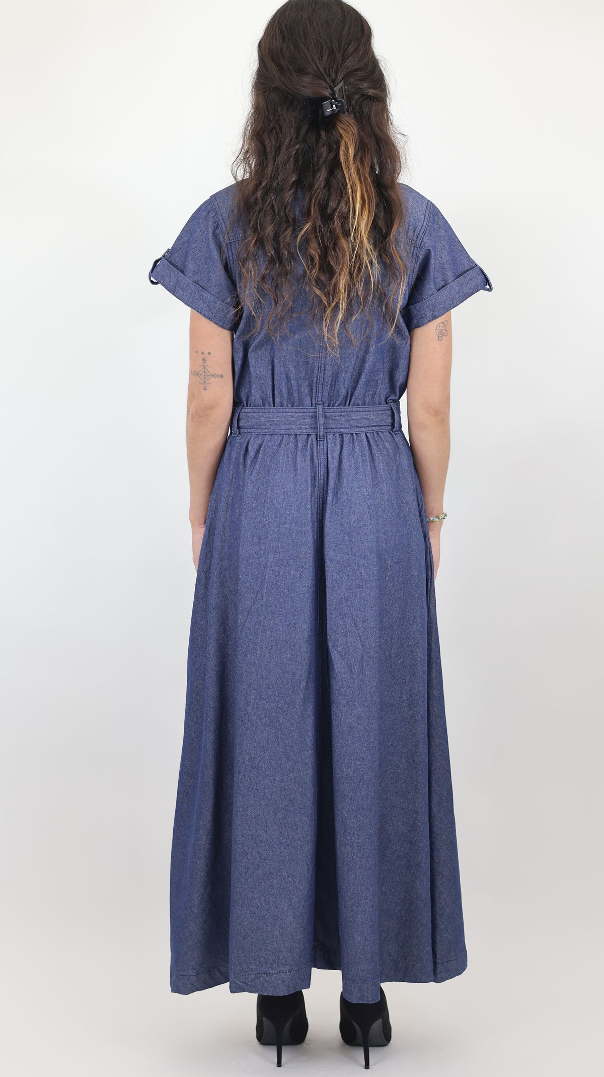 Women’s Denim Maxi Shirt Dress with Belt – Blue