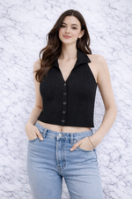 Women’s Knit Halter Neck Button Front Crop Top