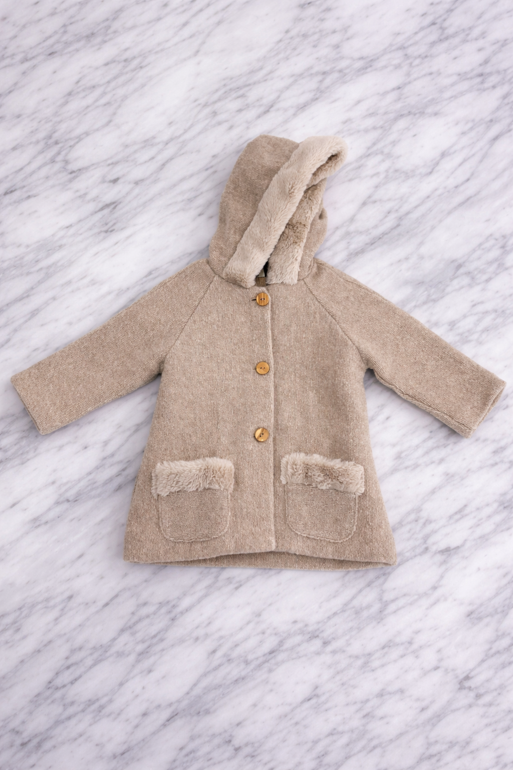 Kids Hooded Knit Coat with Faux Fur Lining