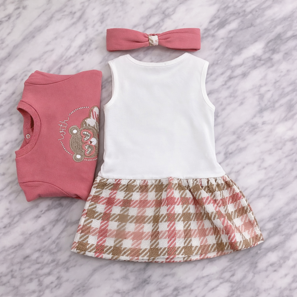 Indigo Girls 3-Piece Outfit Set – Floral Bodysuit, Check Skirt Pants & Headband