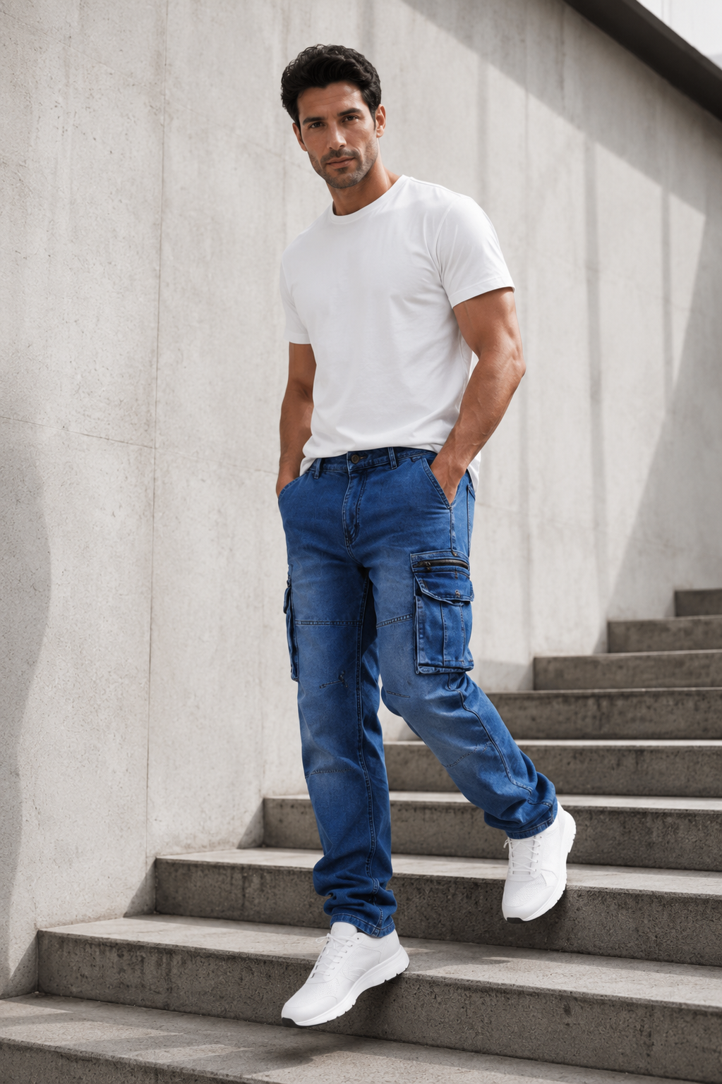 Men’s Blue Cargo Denim Jeans.(FFFF)