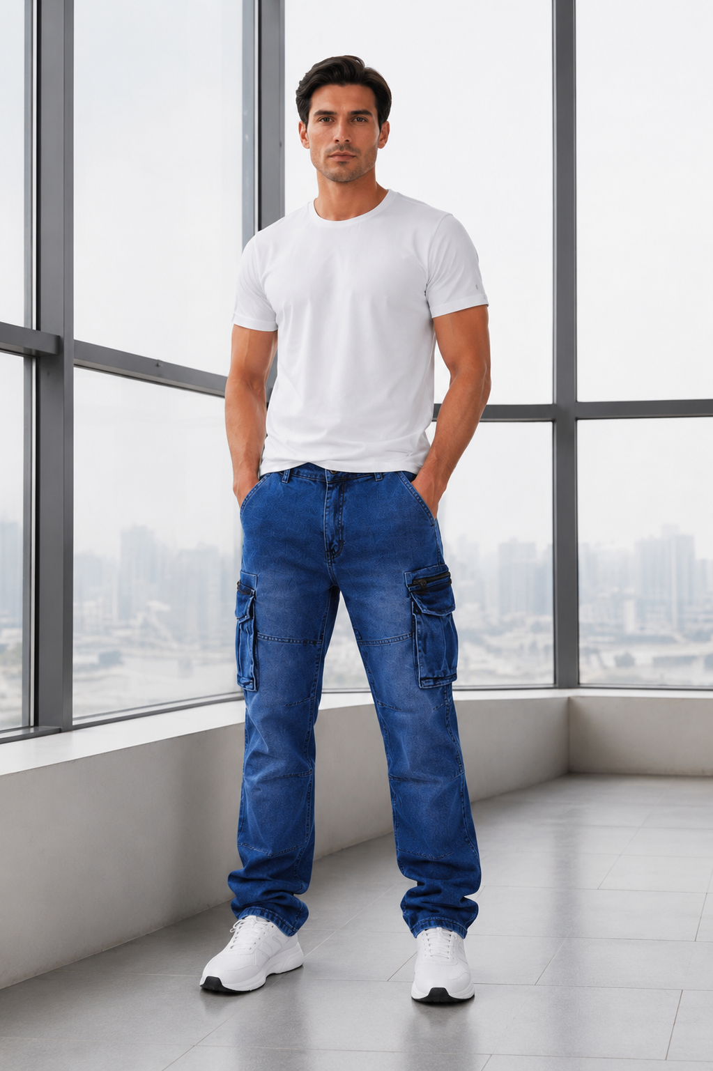 Men’s Blue Cargo Denim Jeans.(FFFF)