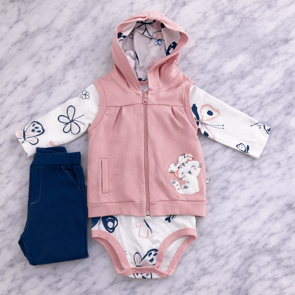 Indigo Baby Girl 3-Piece Outfit Set – Bodysuit, Hooded Vest & Pants