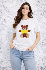 QU Style Women’s Graphic T-Shirt – White Teddy Bear
