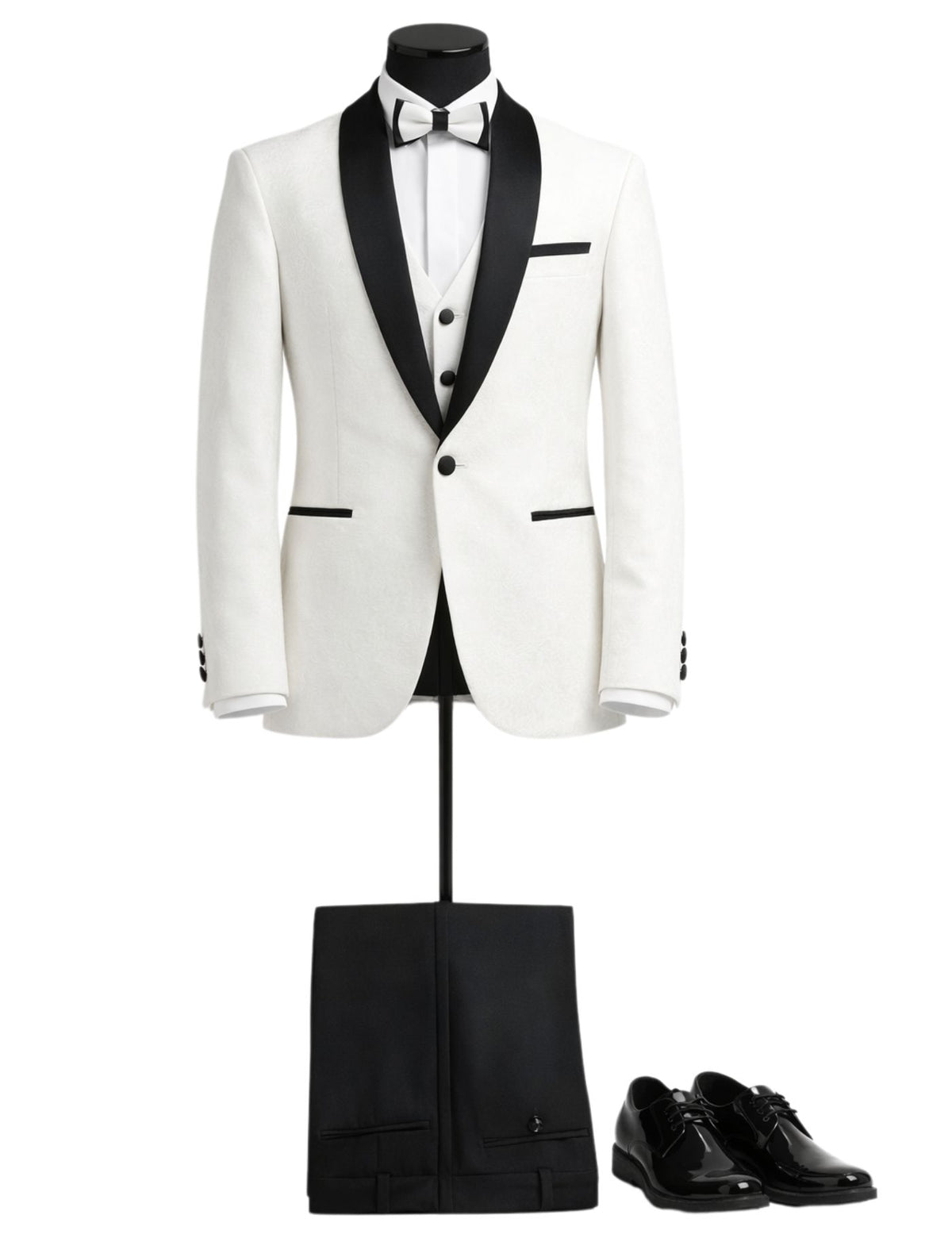 Boys Formal Patterned fabric Suit Set – Jacket, Pants, Vest and Bow tie.