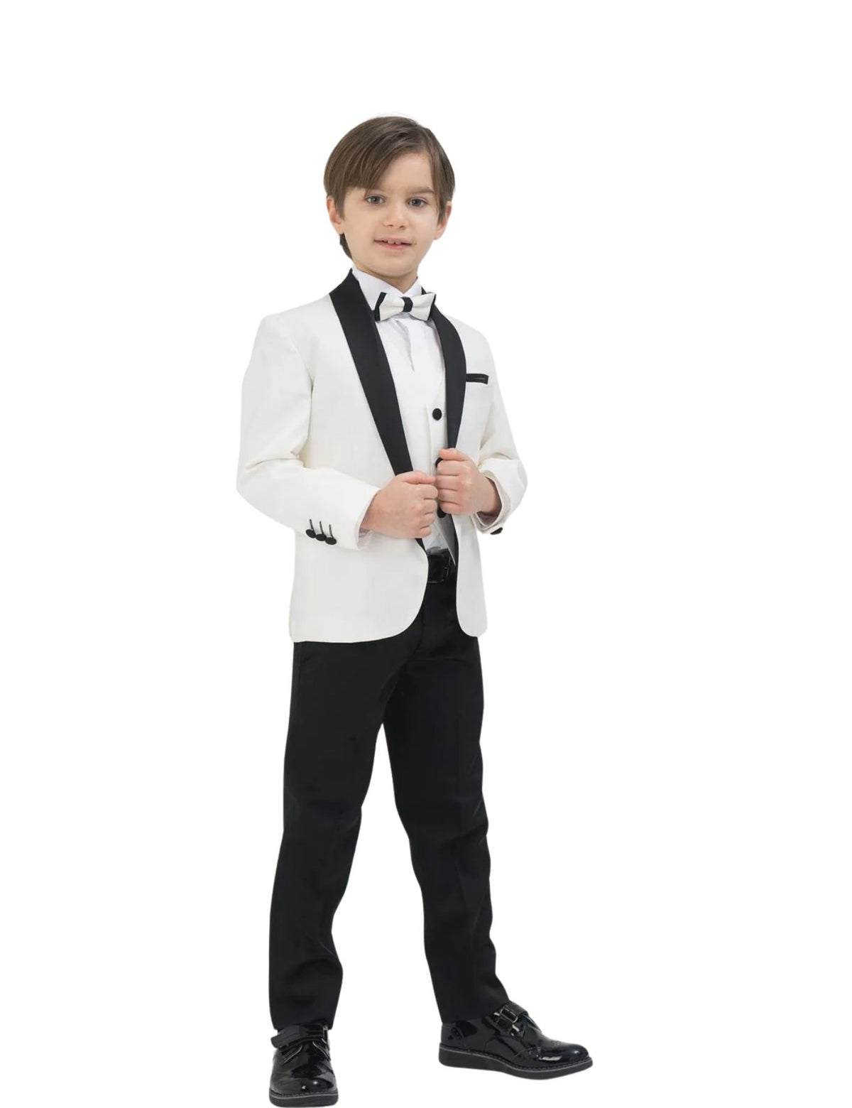 Boys Formal Patterned fabric Suit Set – Jacket, Pants, Vest and Bow tie.