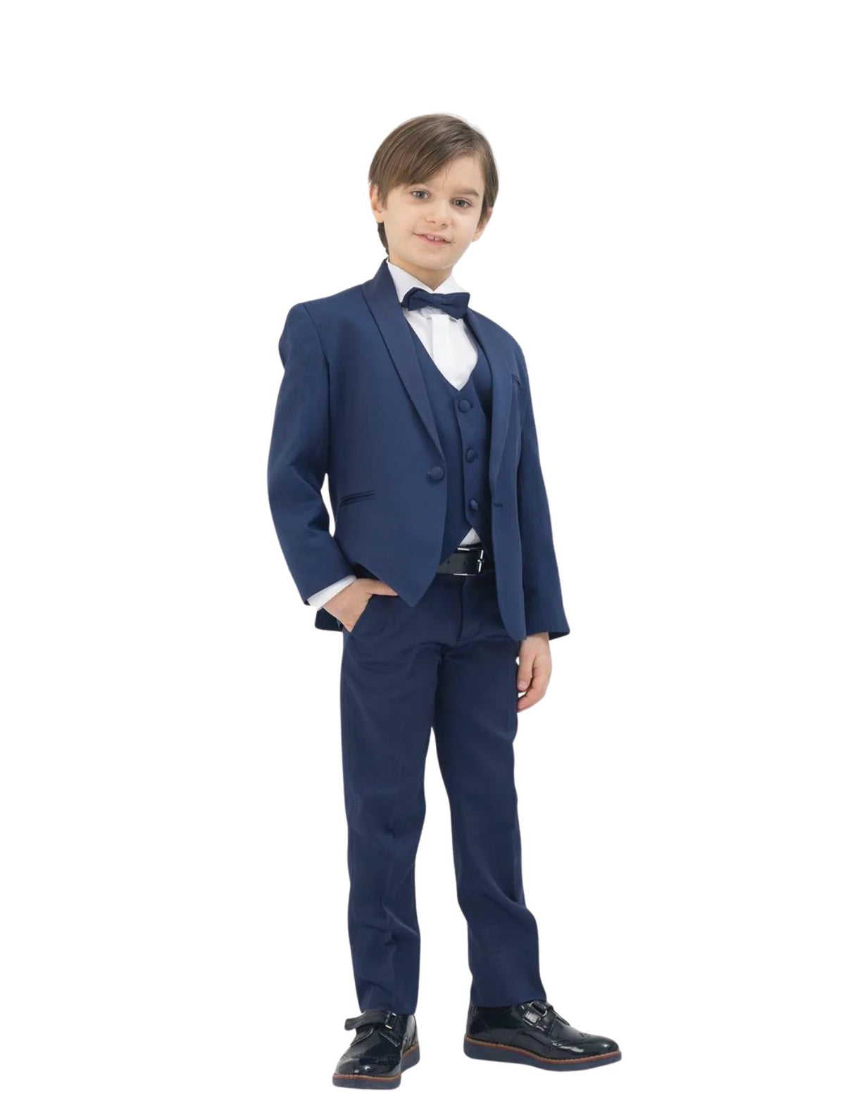 Boys Formal Patterned fabric Suit Set – Jacket, Pants, Vest and Bow tie.