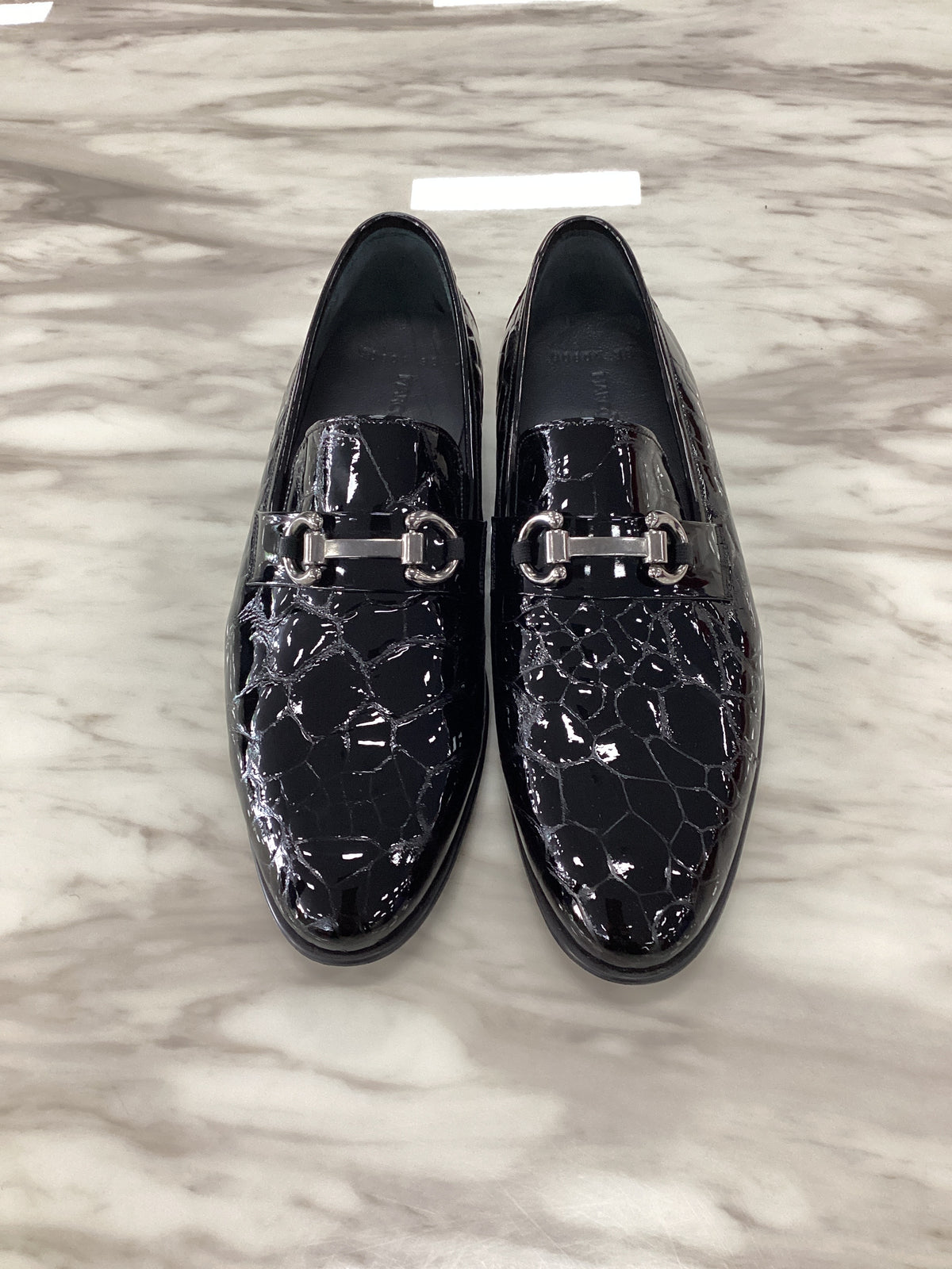Marco Divaio Men’s Patent Crocodile-Embossed Loafers with Silver Bit.(FFF)