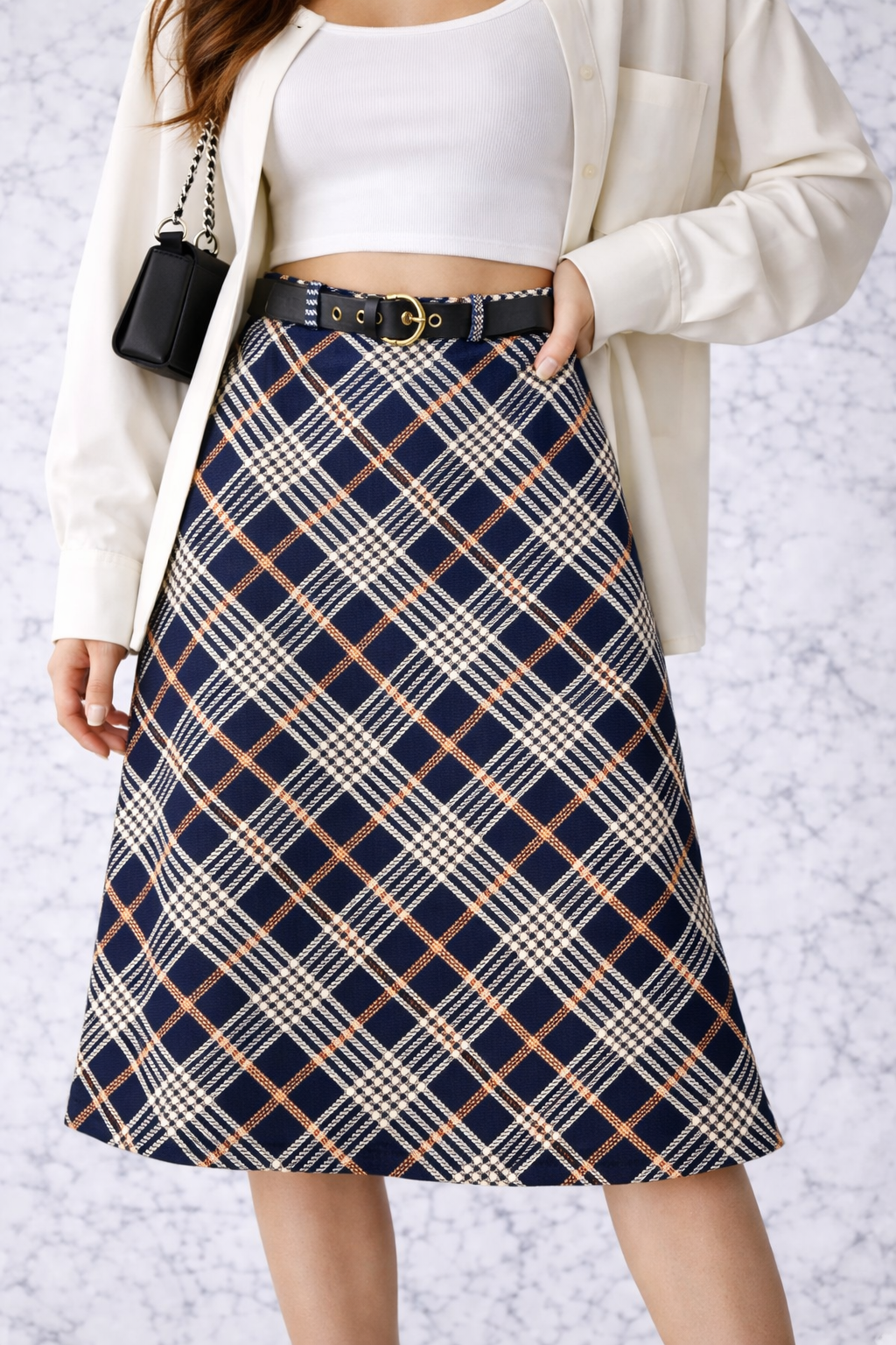 Navy Plaid A-Line Midi Skirt with Belt – Classic Check