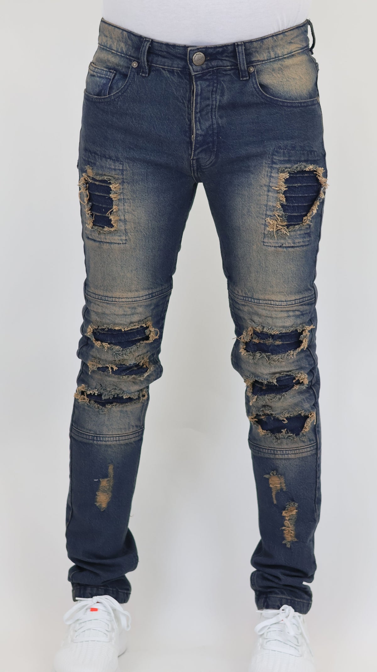Men’s Slim Fit Distressed Denim Jeans-Dirty Blue Grenner Tone