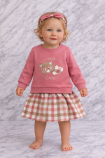 Indigo Girls 3-Piece Outfit Set – Floral Bodysuit, Check Skirt Pants & Headband