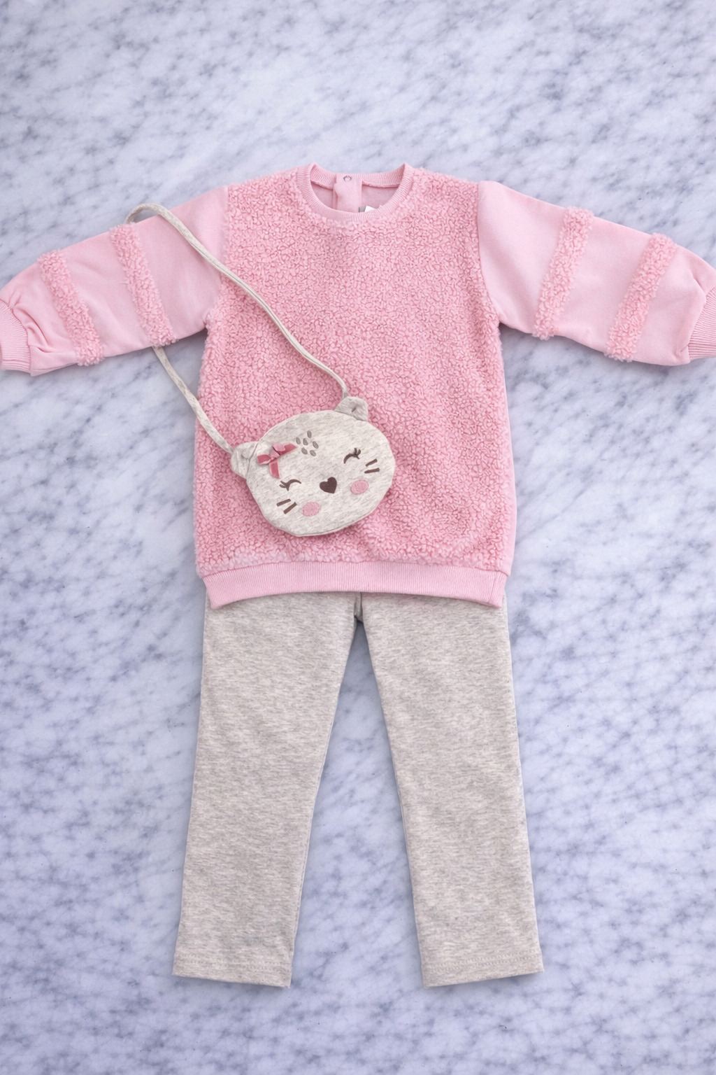 Baby Girl Cozy 2-Piece Outfit – Teddy Sweatshirt & Ribbed Pants with Cute Bag