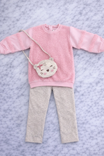 Baby Girl Cozy 2-Piece Outfit – Teddy Sweatshirt & Ribbed Pants with Cute Bag