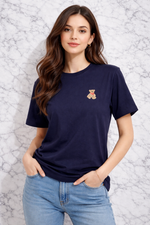 QU Style Women’s Embroidered Teddy Bear T-Shirt – Navy