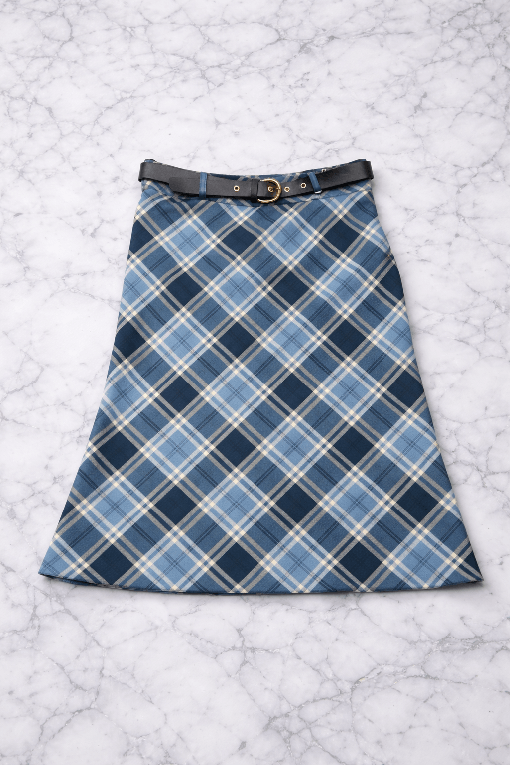 Elegant Blue Tartan A-Line Midi Skirt | High-Waist Fit