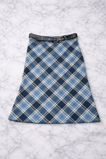 Elegant Blue Tartan A-Line Midi Skirt | High-Waist Fit