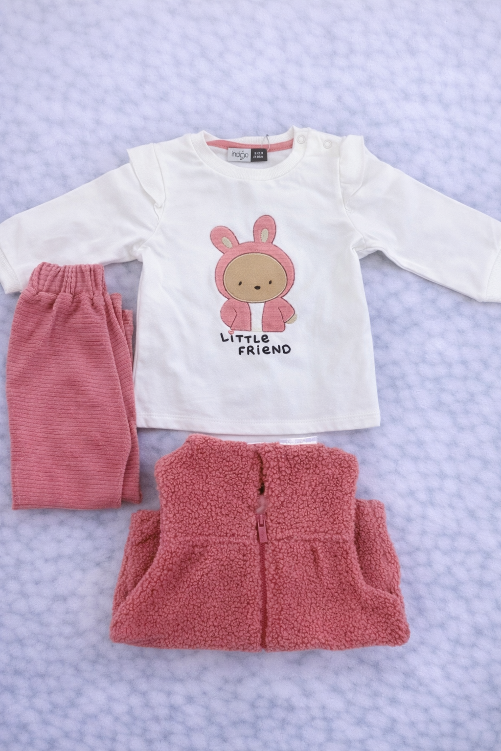 Baby Girls 3-Piece Winter Outfit – Teddy Vest, Long Sleeve Top & Ribbed Pants