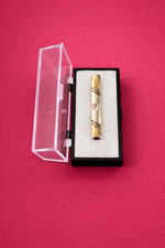 Gold Tie Clip with Diagonal Black Accents & Crystal Detail – Premium Men’s Formal Accessory