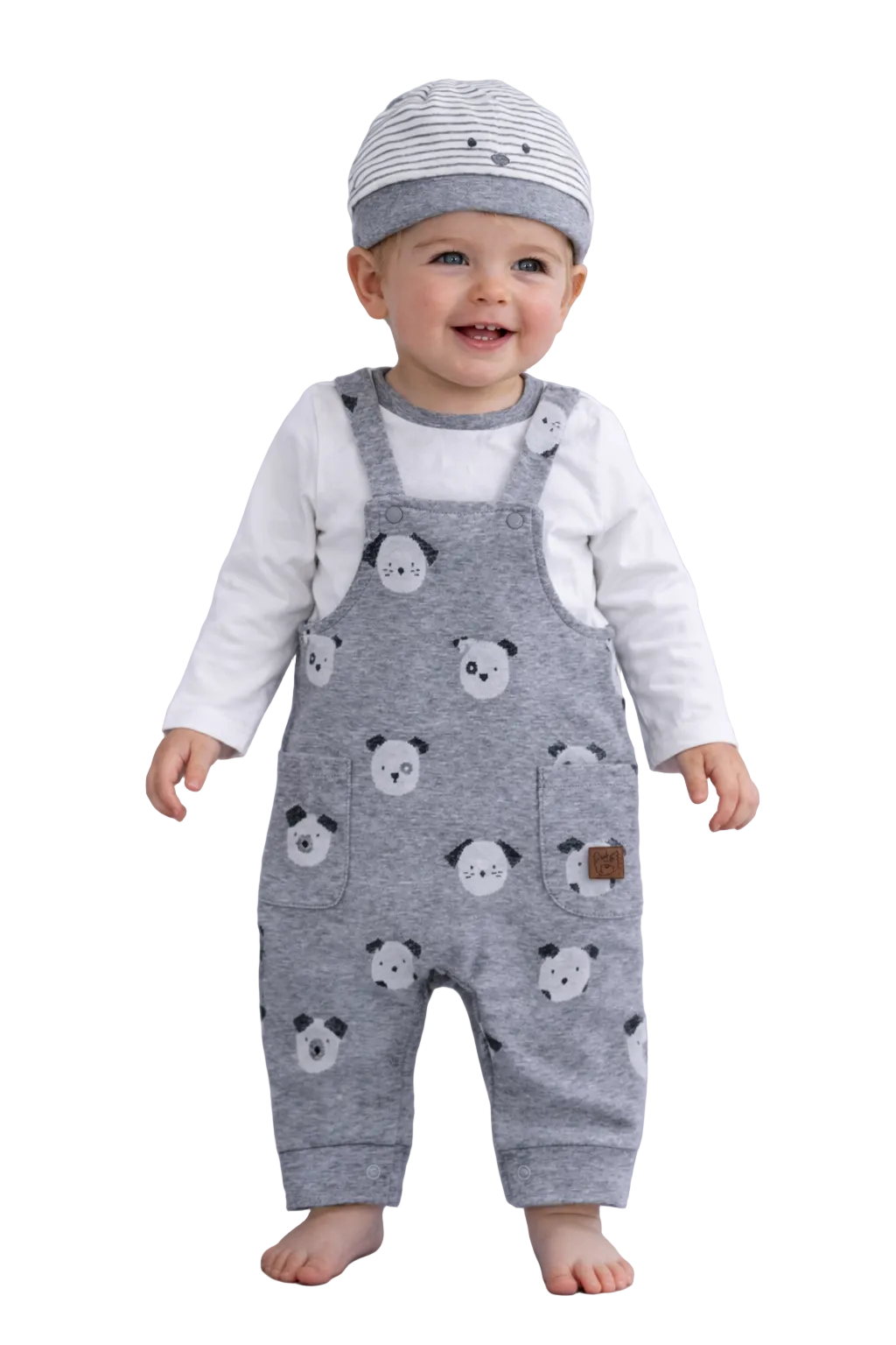 Indigo Baby Dungaree Set with Long Sleeve Top & Hat – Puppy Print Outfit
