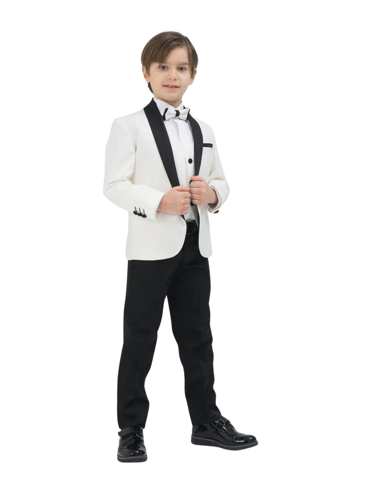 Kids Formal Patterned fabricSuit Set – Jacket, Pants, Vest and Bow tie.