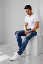 Men’s Fashion Denim Jeans – Button Fly, Washed Blue.(FFFF)