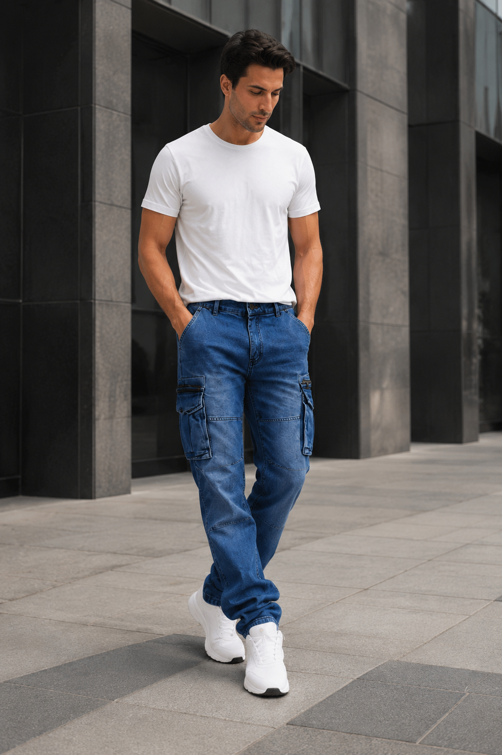 Men’s Blue Cargo Denim Jeans.(FFFF)
