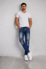 Men’s Fashion Denim Jeans – Button Fly, Washed Blue.(FFFF)