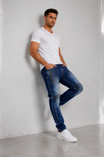 Men’s Fashion Denim Jeans – Button Fly, Washed Blue.(FFFF)