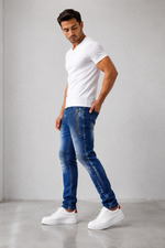 Men’s Fashion Denim Jeans – Button Fly, Washed Blue.(FFFF)